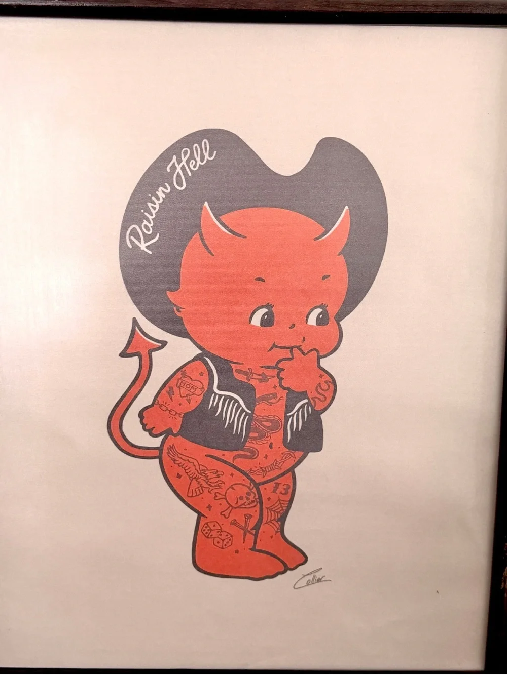 Vintage Kewpie Tattooed Devil Cowboy Wall Art Framed Retro Western Kitsch 17x21”